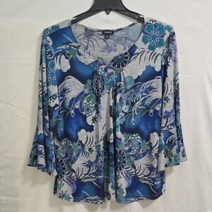 Links Womens XL Blue Gray Green Floral V-Neck Knit 3/4 Flared Sleeve Blouse